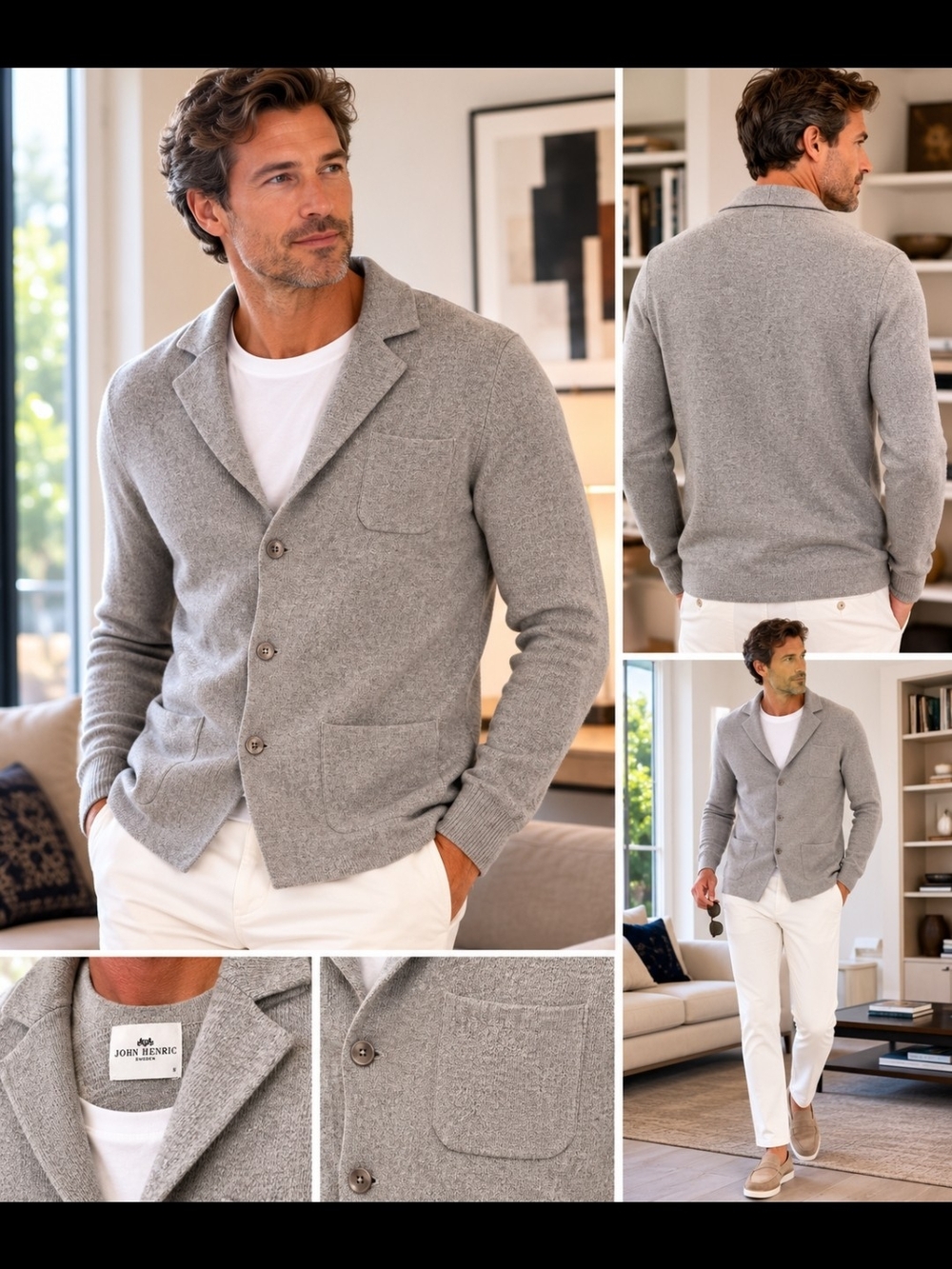 Men's Gray Knit Cardigan Blazer - Brand: JOHN HENRIC - MADE IN SWEDEN